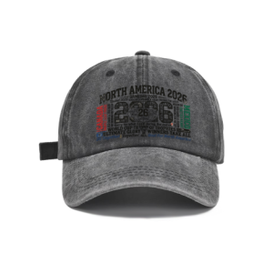 Dark gray vintage‑washed cotton adjustable dad hat, front large‑digit word‑cloud typography print “North America 2026 Canada USA Mexico World Cup Ultimate Glory Winners Take All”, multi‑color three‑nation soccer‑fan slogans, retro faded finish, casual 2026 World Cup sports baseball cap flat lay