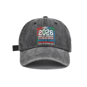 Dark gray vintage‑washed cotton adjustable dad hat, front square‑shaped vertical multi‑color typography print reading “North America United 2026 World Cup Tournament It’s Called Soccer United We Stand”, retro faded finish, casual 2026 World Cup sports baseball cap flat lay