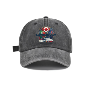 Dark grey vintage washed adjustable dad hat with colorful shield‑emblem print: Gameday 2026 United Goal For North America, Canada‑USA‑Mexico national flags graphic, 2026 World Cup soccer fan casual cap