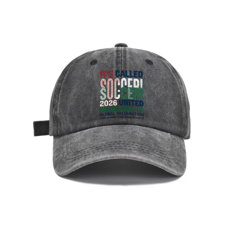 Dark gray vintage‑washed cotton adjustable dad hat, front square‑shaped vertical multi‑color typography print reading “North America United 2026 World Cup Tournament It’s Called Soccer United We Stand”, retro faded finish, casual 2026 World Cup sports baseball cap flat lay