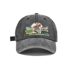 Dark grey vintage washed adjustable dad hat with retro‑style front print featuring “Gameday 2026 United”, soccer jersey graphic, soccer ball, stadium backdrop, Canada‑USA‑Mexico flags, and slogan “Feel the Passion Game On 2026”, 2026 North America World Cup casual soccer fan cap