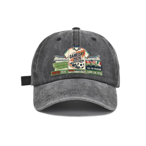 Dark grey vintage washed adjustable dad hat with retro‑style front print featuring “Gameday 2026 United”, soccer jersey graphic, soccer ball, stadium backdrop, Canada‑USA‑Mexico flags, and slogan “Feel the Passion Game On 2026”, 2026 North America World Cup casual soccer fan cap