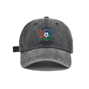Dark grey vintage washed adjustable dad hat with 2026 North America United swirling‑flag soccer graphic print, featuring Canada‑USA‑Mexico national flag colors, maple leaf, cactus and soccer ball, casual 2026 World Cup fan baseball cap