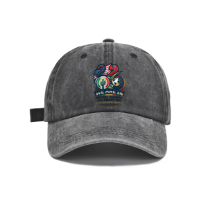 Dark grey vintage washed adjustable dad hat with bold stylized “We Are 26” 2026 World Cup graphic print, featuring USA‑Canada‑Mexico flag motifs, cactus, soccer globe and “United Global Celebration” slogan, casual soccer fan baseball cap