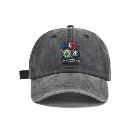 Dark grey vintage washed adjustable dad hat with bold stylized “We Are 26” 2026 World Cup graphic print, featuring USA‑Canada‑Mexico flag motifs, cactus, soccer globe and “United Global Celebration” slogan, casual soccer fan baseball cap