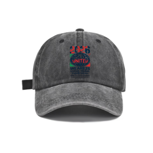 Dark grey vintage washed adjustable dad hat with vertical stacked 2026 United soccer‑globe graphic print, “We Are 26” typography and global celebration slogan, casual 2026 North America World Cup fan baseball cap
