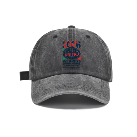 Dark grey vintage washed adjustable dad hat with vertical stacked 2026 United soccer‑globe graphic print, “We Are 26” typography and global celebration slogan, casual 2026 North America World Cup fan baseball cap