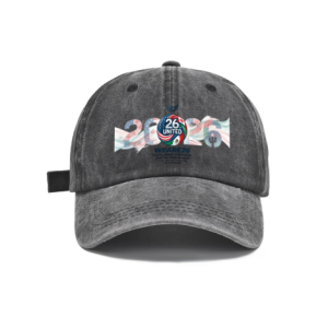 Dark grey vintage washed adjustable dad hat with horizontal flowing‑flag 2026 United soccer globe graphic print, “We Are 26” typography and host‑country symbolic elements, casual 2026 North America World Cup fan baseball cap