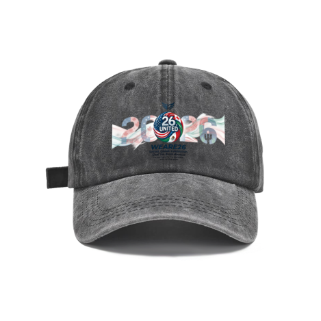 Dark grey vintage washed adjustable dad hat with horizontal flowing‑flag 2026 United soccer globe graphic print, “We Are 26” typography and host‑country symbolic elements, casual 2026 North America World Cup fan baseball cap