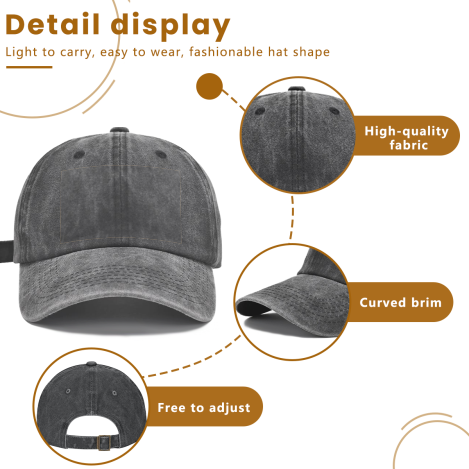 Detail display infographic of vintage washed adjustable baseball cap, highlighting high‑quality fabric, curved brim, freely adjustable back strap, lightweight and fashionable hat shape, dark gray dad hat structural feature showcase