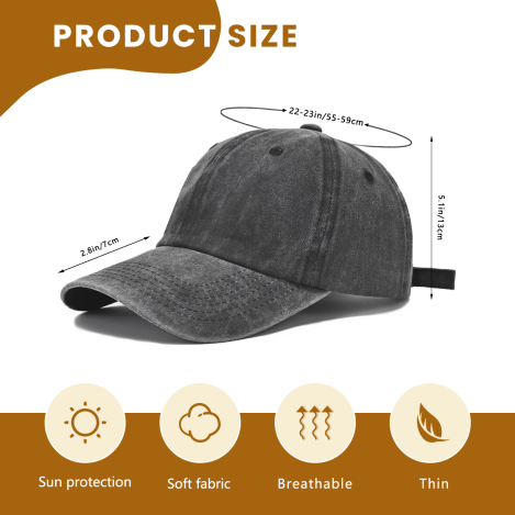 Infographic showing size parameters of vintage washed‑style dad hat, head circumference 22‑23in/55‑59cm, crown height 5.1in/13cm, brim length 2.8in/7cm, marked with sun protection, soft fabric, breathable and thin functional icons