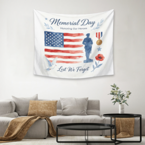 Memorial Day tapestry mockup with "Memorial Day, Honoring Our Heroes" text, watercolor-style American flag, soldier silhouette, poppy flower, dove, and medal print.