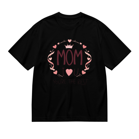 Black plus size t-shirt with "MOM I ❤️ U YOU'RE THE BEST" print, heart and crown wreath design, crewneck short sleeve tee