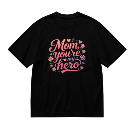 Black plus size t-shirt with "Mom, you're my hero" gradient cursive print, surrounded by pink and purple flowers and hearts, crewneck short sleeve tee