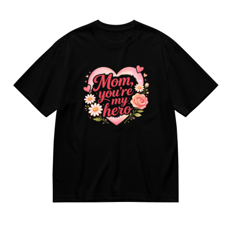 Black plus size t-shirt with "Mom, you're my hero" pink cursive print, decorated with a large pink heart, daisies, roses and hearts, crewneck short sleeve tee