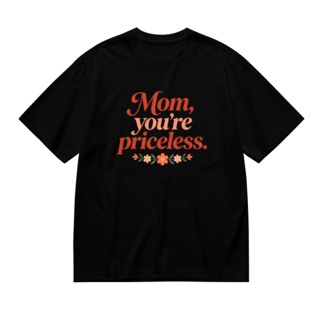 Black plus size t-shirt with "Mom, you're priceless" gradient text print, accented with a row of terracotta flowers and leaves, crewneck short sleeve tee