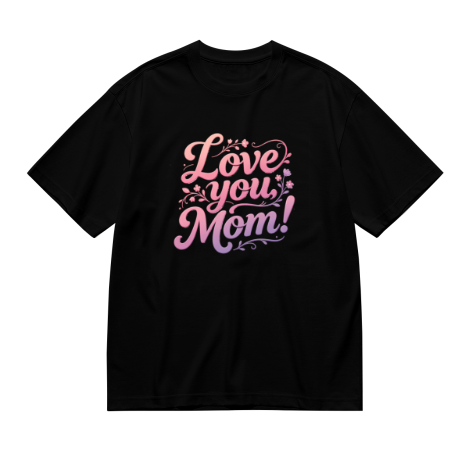 Black plus size t-shirt with "Love you, Mom!" pink-purple gradient cursive print, decorated with small flowers and swirl accents, crewneck short sleeve tee
