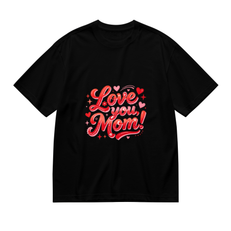 Black plus size t-shirt with "Love you, Mom!" red gradient cursive print, decorated with hearts, stars and floral details, crewneck short sleeve tee