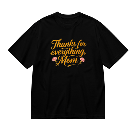 Black plus size t-shirt with "Thanks for everything, Mom" golden cursive print, decorated with pink carnation flowers, crewneck short sleeve tee
