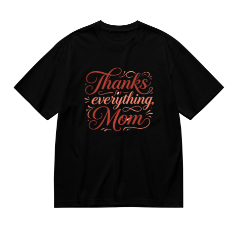Black plus size t-shirt with "Thanks for everything, Mom" gradient cursive print, accented with decorative swirls, crewneck short sleeve tee