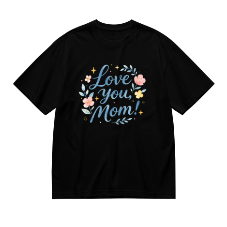 Black plus size t-shirt with "Love you, Mom!" blue cursive print, decorated with watercolor flowers, leaves and stars, crewneck short sleeve tee