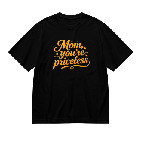 Black plus size t-shirt with "Mom, you're priceless" golden cursive print, decorated with heart and swirl details, crewneck short sleeve tee