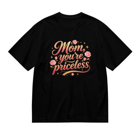 Black plus size t-shirt with "Mom, you're priceless" gradient cursive print, decorated with pink roses and stars, crewneck short sleeve tee