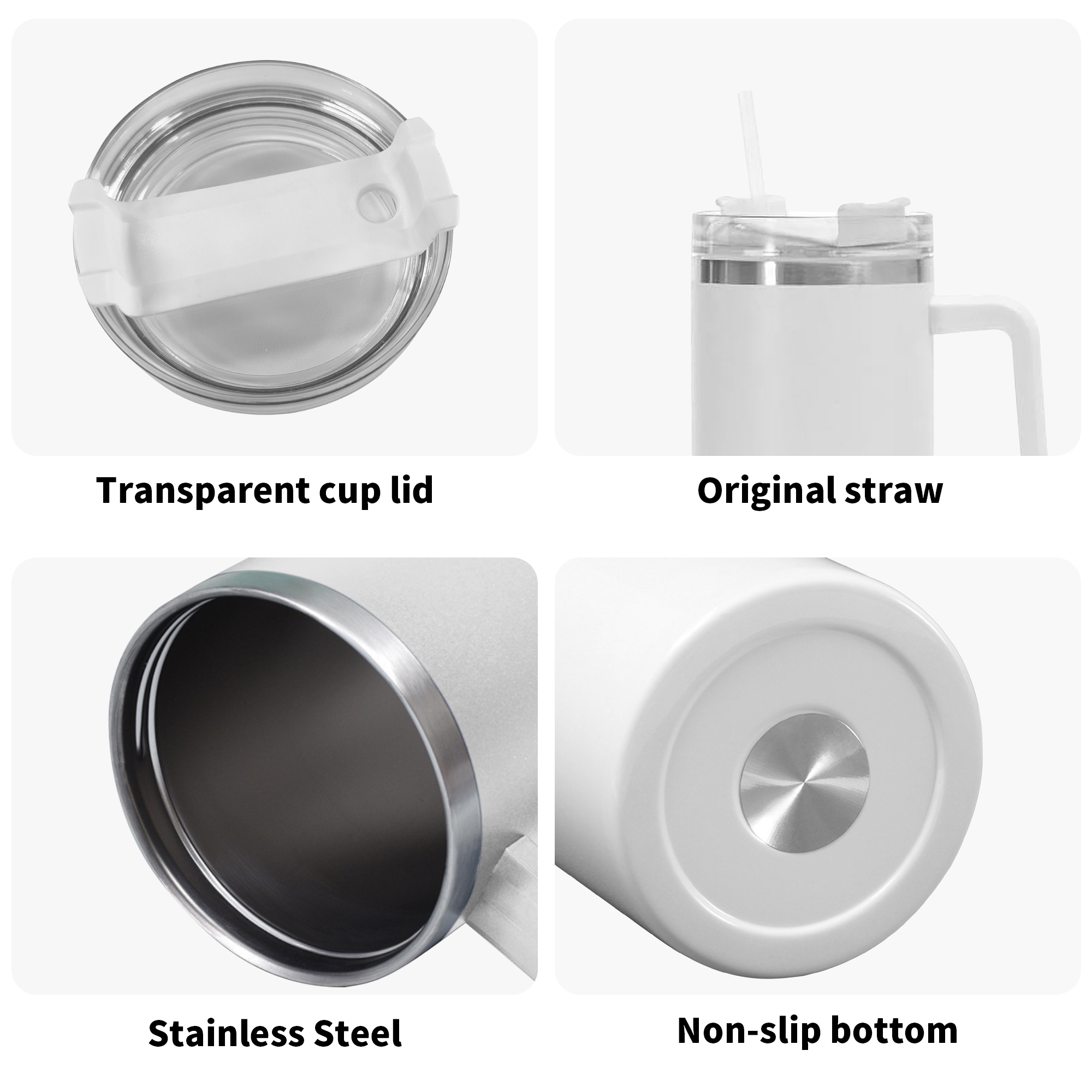 40oz handle tumbler product details: transparent flip‑top lid, original straw, stainless steel interior, non‑slip bottom, white soccer‑lifestyle themed insulated travel mug