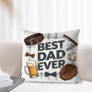 "Best Dad Ever" throw pillow cover styled on a light-toned living room sofa, showcasing the classic dad-themed graphic as cozy Father’s Day home decor.