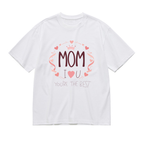 White plus size t-shirt with "MOM I ❤️ U YOU'RE THE BEST" print, heart and crown wreath design, crewneck short sleeve tee