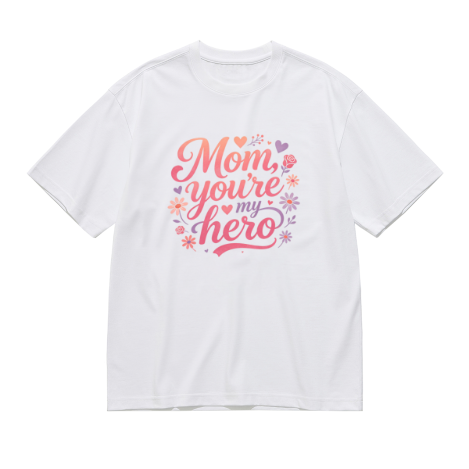 White plus size t-shirt with "Mom, you're my hero" gradient cursive print, surrounded by pink and purple flowers and hearts, crewneck short sleeve tee
