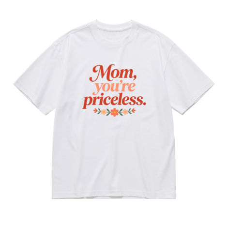 White plus size t-shirt with "Mom, you're priceless" gradient text print, accented with a row of terracotta flowers and leaves, crewneck short sleeve tee