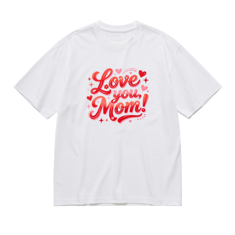 White plus size t-shirt with "Love you, Mom!" red gradient cursive print, decorated with hearts, stars and floral details, crewneck short sleeve tee