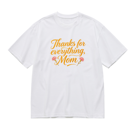 White plus size t-shirt with "Thanks for everything, Mom" golden cursive print, decorated with pink carnation flowers, crewneck short sleeve tee
