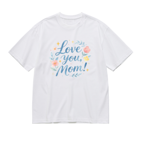White plus size t-shirt with "Love you, Mom!" blue cursive print, decorated with watercolor flowers, leaves and stars, crewneck short sleeve tee