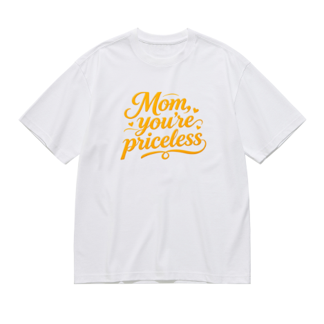 White plus size t-shirt with "Mom, you're priceless" golden cursive print, decorated with heart and swirl details, crewneck short sleeve tee