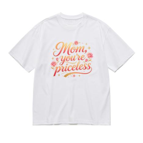 White plus size t-shirt with "Mom, you're priceless" gradient cursive print, decorated with pink roses and stars, crewneck short sleeve tee