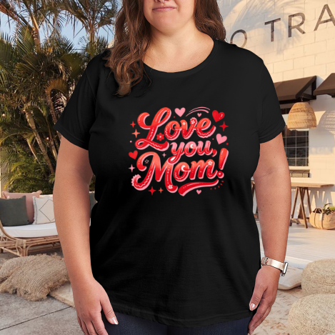 Plus size black women’s t-shirt with "Love you, Mom!" heart & star print, casual crewneck tee styled for outdoor patio wear