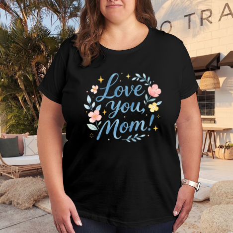 Plus size black women’s t-shirt with "Love you, Mom!" floral wreath print, casual crewneck tee styled for outdoor patio wear