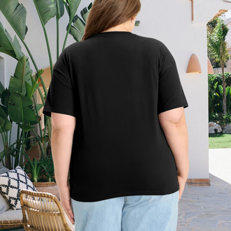 Plus size black women’s t-shirt back view, casual loose-fit crewneck tee, ideal for everyday outdoor wear