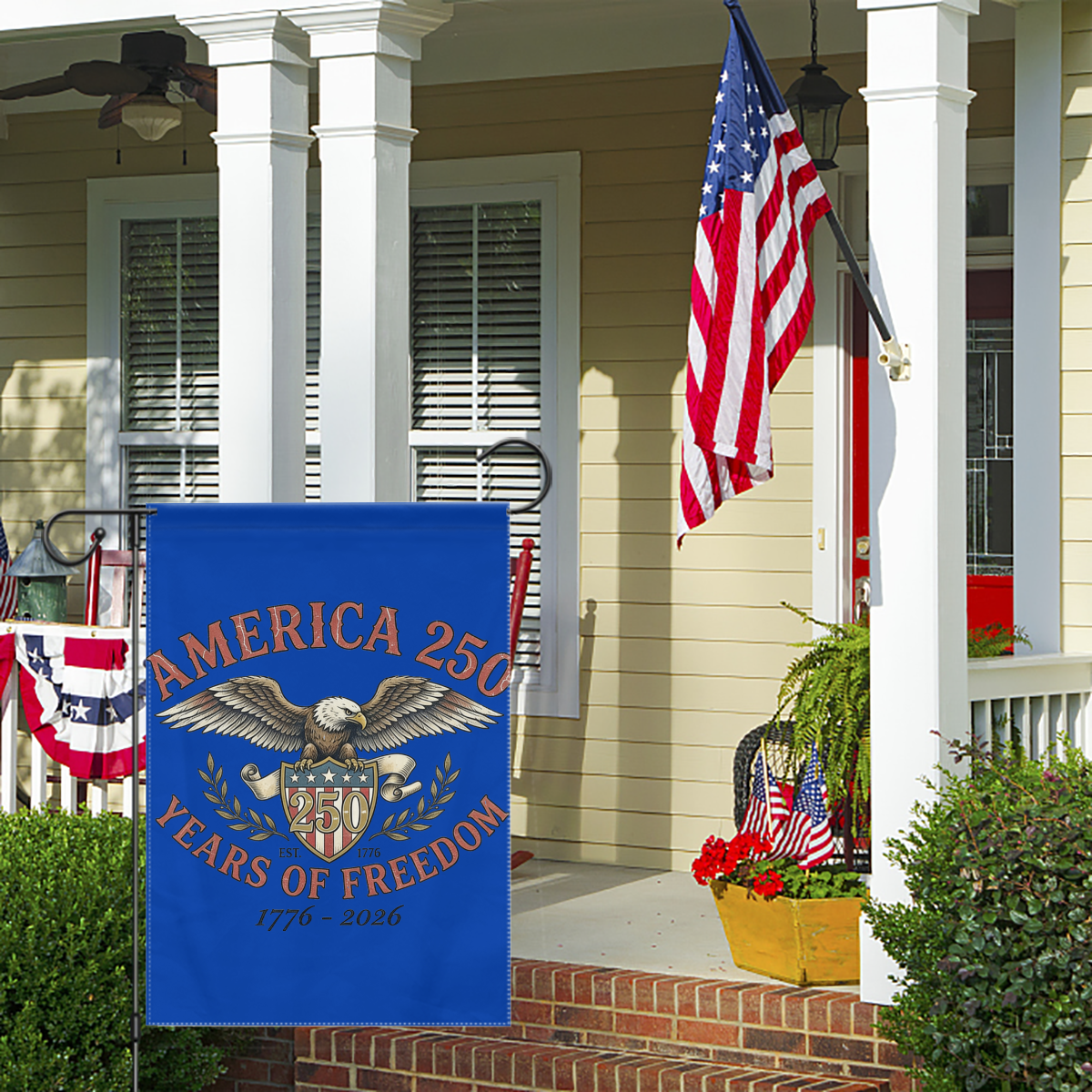 America 250th anniversary garden flag shown on a porch with an American flag, showcasing the vintage eagle design as part of patriotic outdoor decor.