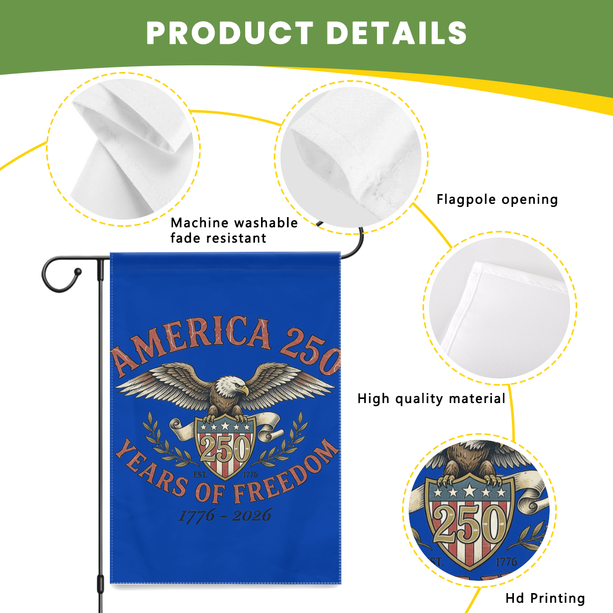 Product details of the garden flag, highlighting machine washable, fade-resistant material, flagpole opening, high-quality fabric, and HD printing.