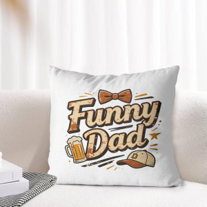 Retro "Funny Dad" throw pillow cover styled on a light‑toned living‑room sofa, showcasing the casual dad‑themed graphic as cozy Father’s Day home decor.