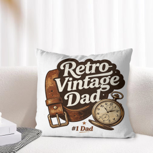"Retro Vintage Dad" pillow cover styled on a light-toned living room sofa, showcasing the classic dad-themed graphic as cozy home decor.
