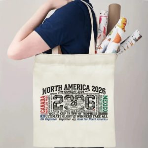 Tote bag being carried over the shoulder, showing the print from the side view, demonstrating everyday use.