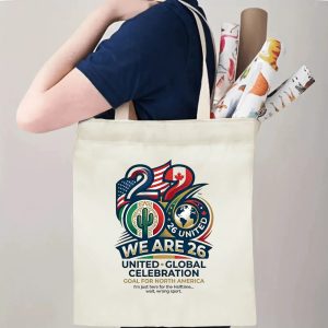 Tote bag being carried over the shoulder, showing the print from the side view, demonstrating everyday use.