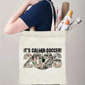 A person carrying the tote bag, showing its size and how the print appears when worn.