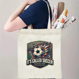 A person carrying the tote bag, showing its size and how the print appears when worn.