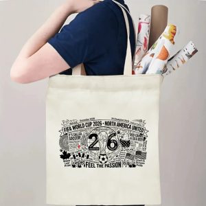A person carrying the tote bag, showing its size and how the print appears when worn.