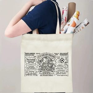 A person carrying the tote bag, showing its size and how the print appears when worn.